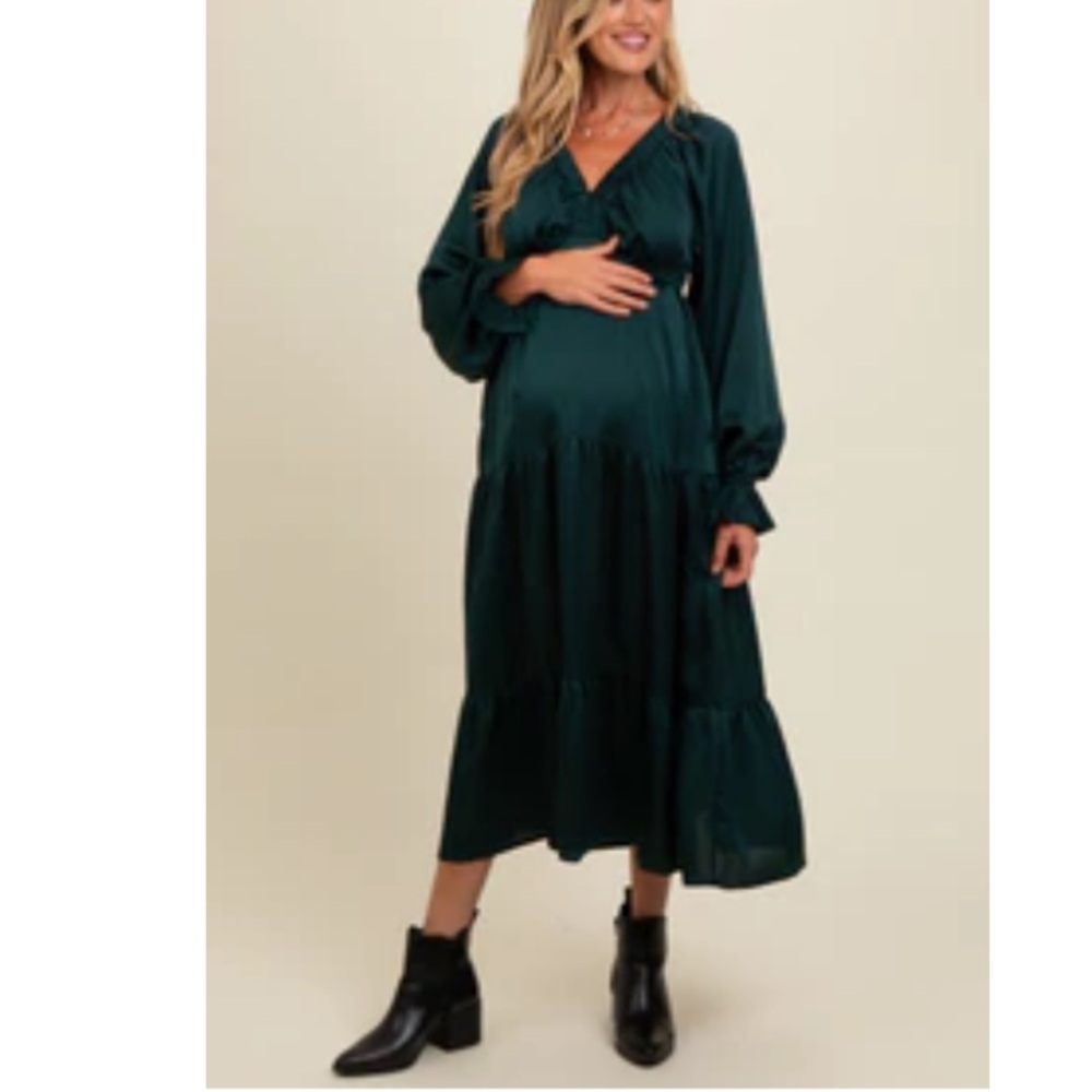Satin V-Neck Forest Green Maternity Dress